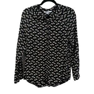 Boden Womens Swan Print LS Blouse Size 6 Black Button Up Office Casual Viscose